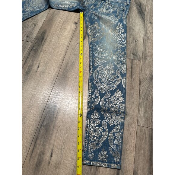 Hollister Juniors 7 Regular (28) Gold Foil Demask Flower Print Low Rise Slim Jea - Picture 8 of 9